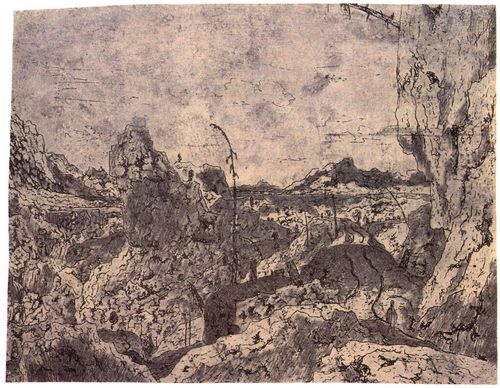 Seghers, Hercules Pietersz.: Landschaft mit Bergen und Schluchten und einem Wanderer zur Rechten
