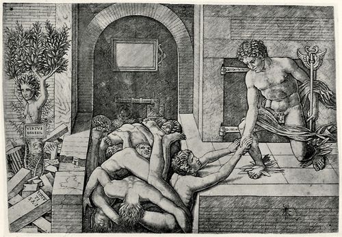 Mantegna, Andrea (Schule): Allegorie der Tugend und des Lasters, Unwissenheit und Merkur, untere Platte: Merkur
