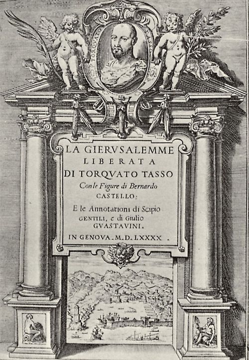Castello, Bernardo: Illustration zu Torquato Tassos »La Gerusalemme Liberata«, Frontispiz mit Tassos Portrt
