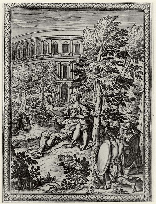 Castello, Bernardo: Illustration zu Torquato Tassos »La Gerusalemme Liberata«, Rinaldo in den Armen von Armida