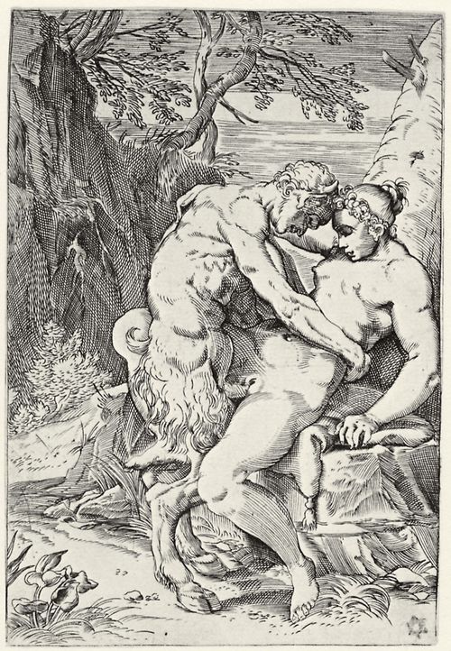 Carracci, Agostino: Folge der sogenannten »Lascivie«, Satyr, eine Nymphe umarmend