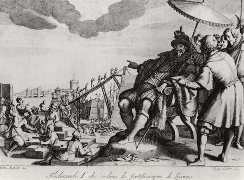 Callot, Jacques: Folge »Das Leben von Ferdinand I. Mdici, Groherzog der Toskana«, Der Herzog lt den Hafen von Livorno befestigen