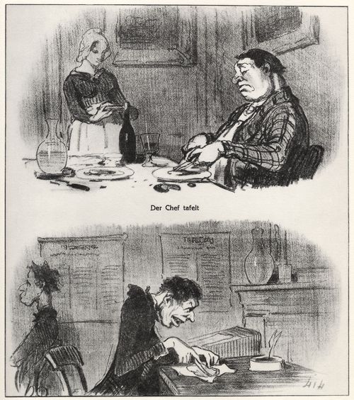 Daumier, Honor: Der Chef tafelt. Der Angestellte hat Mittagspause.