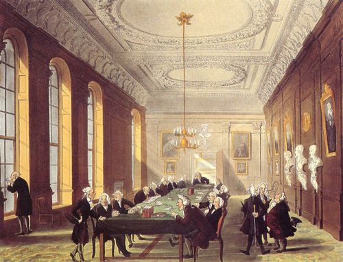 Rowlandson, Thomas: Der Mikrokosmos von London (London als Miniatur): Der Sitzungssaal des rztekollegiums