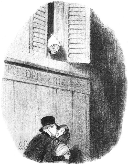 Daumier, Honor: Eheliche Sitten: »Gute Nacht, mein Ses! Wenn Dein Legitimer uns she – !«