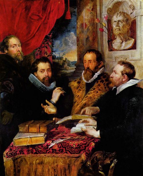 Rubens, Peter Paul: Vier Philosophen, Szene von links: Rubens, sein Bruder Philipp, der Gelehrte Lipsius und dessen Schler Jan van der Wouwere