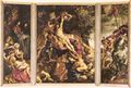Rubens, Peter Paul: Kreuzaufrichtung, Triptychon, Gesamtansicht, Szene von links: Maria und Hl. Johannes, Aufrichtung des Kreuzes, Soldaten