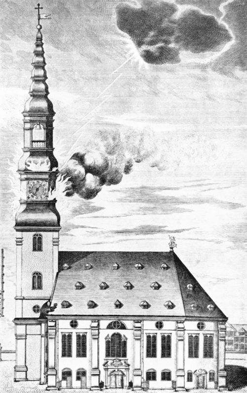 Rolffsen, Franz Nikolaus: Hamburg, Groe Michaeliskirche mit einschlagendem Blitz