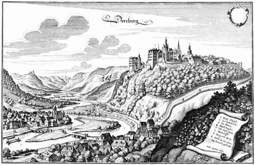 Merian, Caspar: Dornburg an der Saale, Ansicht von Nordosten