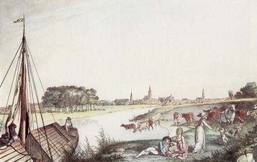 Ramberg, Johann Heinrich: Hannover, Ansicht von Nordwesten mit Ausflugsgesellschaft am Leineufer
