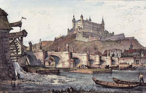 Prout, Samuel: Wrzburg, Steinbrcke mit Bildsulen, im Hintergrund Marienberg mit Schloss