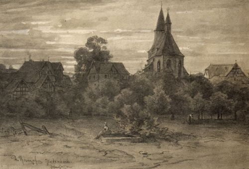 Rumpf, Peter Philipp: Gladenbach, Martinskirche und Fachwerkhuser am Abend, von Osten aus