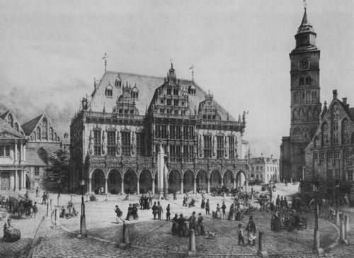 Gildemeister, Karl: Bremen, Marktplatz, Rathaus und Domturm, rechts Haus Balleer