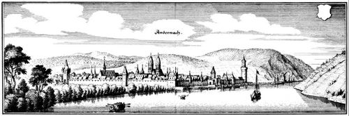 Merian d. ., Matthus: Andernach, Gesamtansicht mit Rheinufer