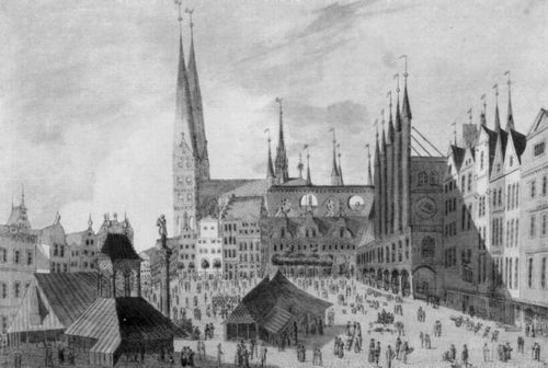 David, Johann Marcus: Lbeck, Marktplatz mit Rathaus, Marienkirche, Butterbude und Fleischschrangen