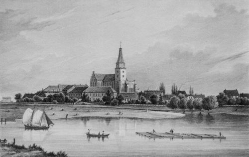 Poppel, Johann Gabriel Friedrich: Brandenburg an der Havel, Dominsel von Nordwesten, im Vordergrund Havelauen und Schiffe
