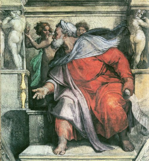Michelangelo Buonarroti: Sixtinische Kapelle, Sibyllen und Propheten, Szene in Lnette: Der Prophet Ezechiel, Detail