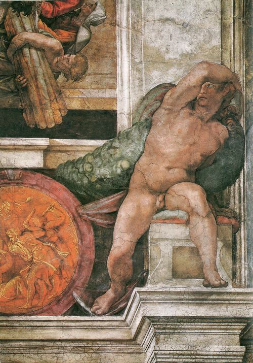 Michelangelo Buonarroti: Sixtinische Kapelle, Sibyllen und Propheten: Ignudo rechts oberhalb des Propheten Jesaja