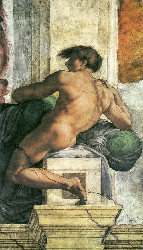 Michelangelo Buonarroti: Sixtinische Kapelle, Sibyllen und Propheten: Ignudo rechts oberhalb der Persischen Sybille