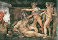 Michelangelo Buonarroti: Sixtinische Kapelle, Deckenfresko zur Schöpfungsgeschichte, Hauptszene: Schande und Verspottung des trunkenen Noah, Detail