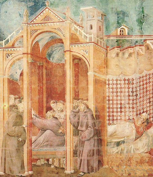 Giotto di Bondone: Fresken in der Kirche San Francesco in Assisi, Szene: Die Franziskusvision des Ordenbruders Agostino und des Bischofs von Assisi