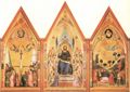 Giotto di Bondone: Polyptychon Stefaneschi, Vorderseite: Kreuzigung Petri, Thronender Christus, Enthauptung Pauli