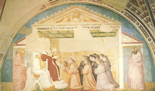 Giotto di Bondone: Fresken in der Bardi-Kapelle, Kirche Santa Croce in Florenz, Szene: Die Besttigung der Ordensregel