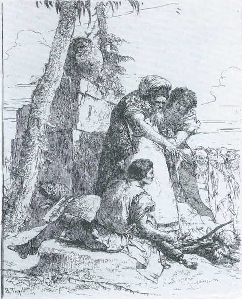 Tiepolo, Giovanni Battista: Magier und andere Figuren betrachten einen brennenden Scheiterhaufen mit Mnnerkopf