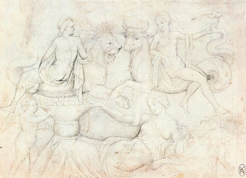 Pisanello: Auf einem Meerlwen und einem Seestier reitende Nereiden