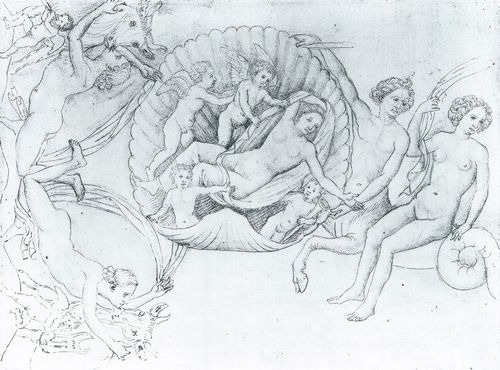 Pisanello: Aphrodite in der Muschel, Seekentaur und Nereide, Seestiere umarmende Nereiden