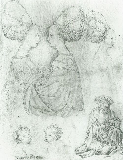 Pisanello: Musterblatt mit drei Damenprofilen in modischem Kopfputz
