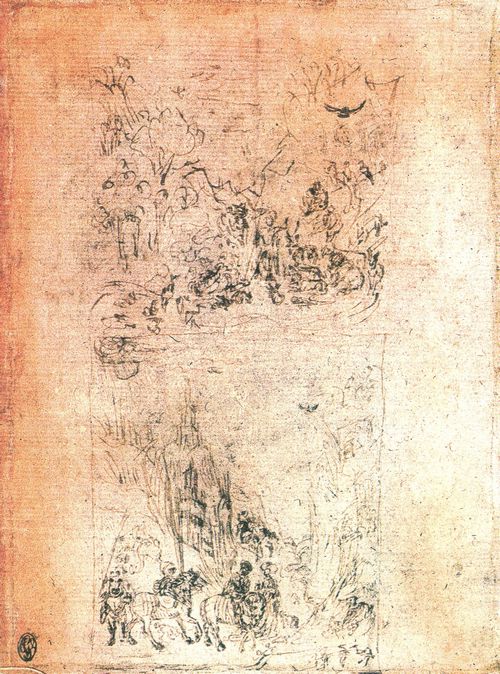 Pisanello: Johannes der Tufer predigt den Tieren, Dame wendet sich vor einem Drachen schutzsuchend an Reiterzug