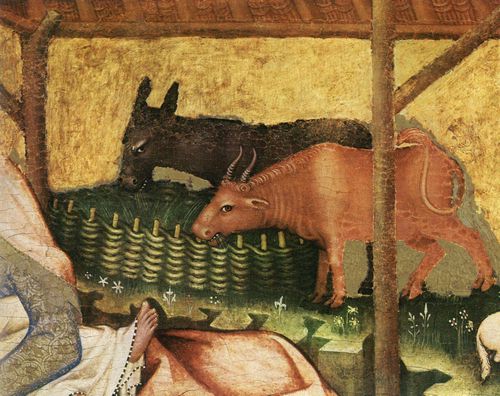 Meister von Hohenfurth: Geburt Christi, Detail, Ochs und Esel