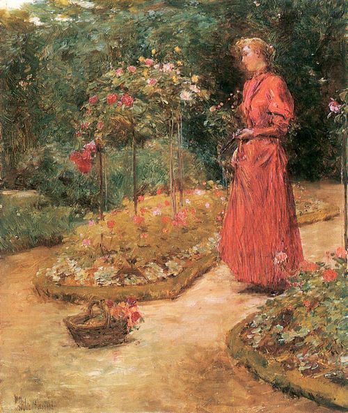 Hassam, Childe: Frau schneidet Rosen in einem Garten