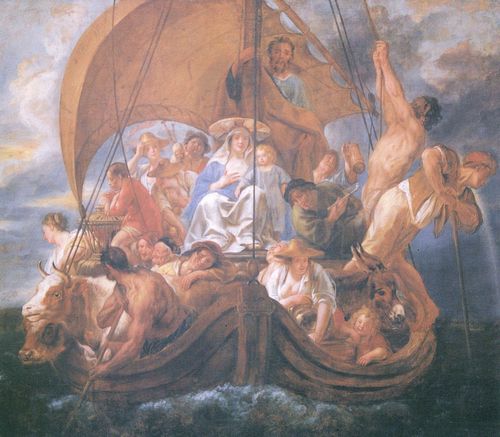 Jordaens, Jakob: Die Heilige Familie mit verschiedenen Personen und Tieren in einem Boot