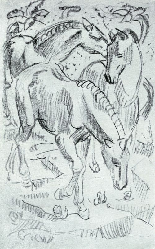 Marc, Franz: Kompositionsentwurf von drei hinabsteigenden Pferden