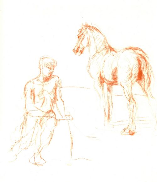 Mares, Hans von: Sitzender Mann, daneben ein Pferd