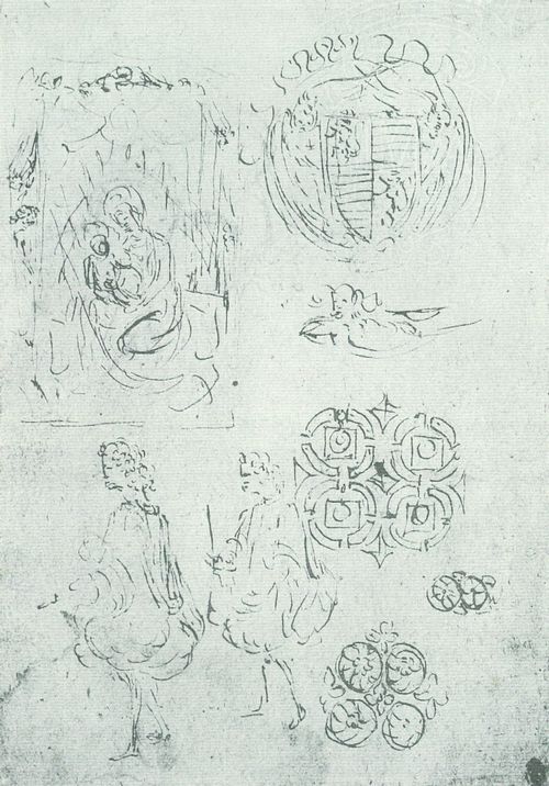 Pisanello: Verschiedene Studien, unter anderem eine Jungfrau und die Waffen von Gonzaga
