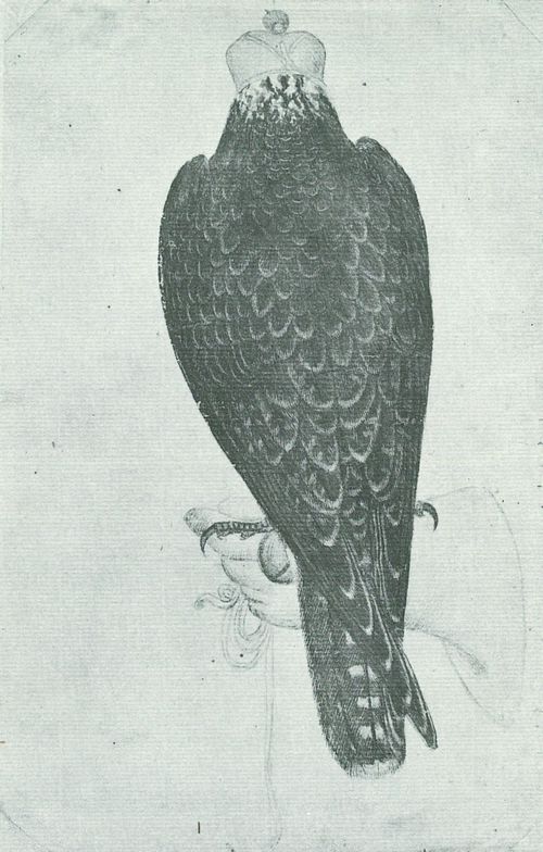 Pisanello: Falke von hinten mit blauem Hut, auf der Faust des Falkners