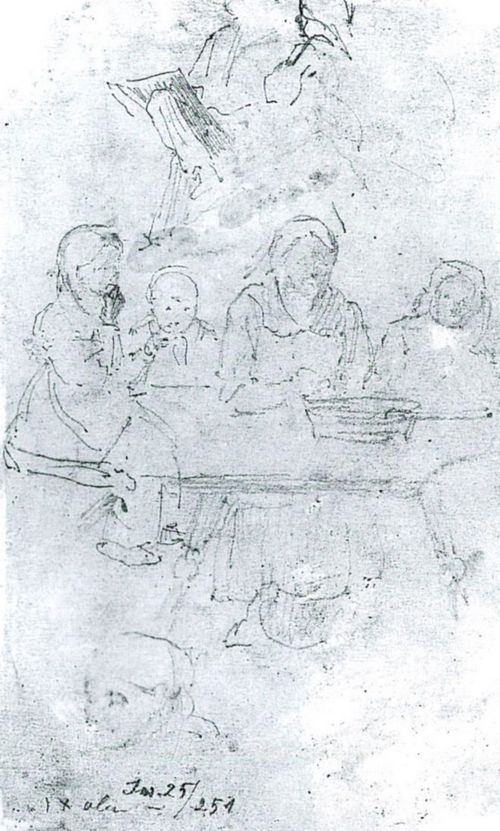 Leibl, Wilhelm Maria Hubertus: Bauernfamilie bei Tisch, sitzender Zeichner, Frauenkopf