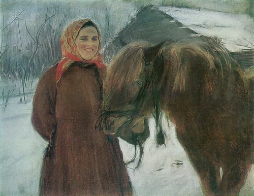 Serow, Walentin Alexandrowitsch: Im Dorf. Buerin mit Pferd