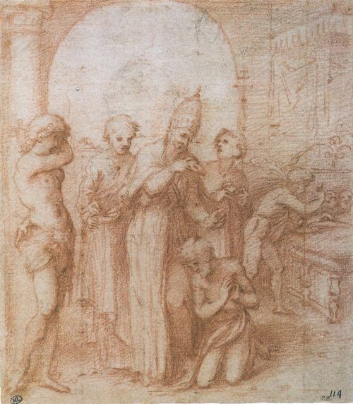 Correggio: Papst zwischen zwei Diakonen, mit links dem Hl. Sebastian, rechts dem Hl. Julius, der die eigenen Eltern umbringt