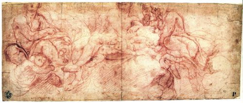 Correggio: Drei sitzende Akte auf Wolken mit Putti (recto)