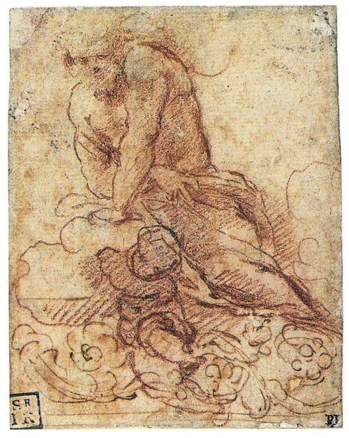 Correggio: Mnnliche Figur auf einer Wolke mit Putto und dekorativem Fries