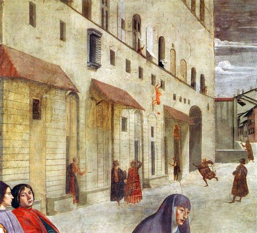 Ghirlandaio, Domenico: Florenz, Kirche Santa Trinita: Franziskus von Assisi erweckt einen Knaben zum Leben, Details des Palazzo Spini