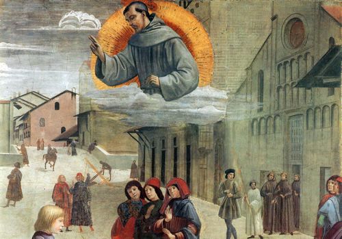 Ghirlandaio, Domenico: Florenz, Kirche Santa Trinita: Franziskus von Assisi erweckt einen Knaben zum Leben, Details der Kirche Santa Trinita