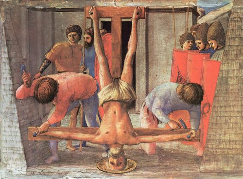 Masaccio: Das Martyrium Johannes des Tufers und des Hl. Petrus, linke Hlfte: Kreuzigung des Hl. Petrus
