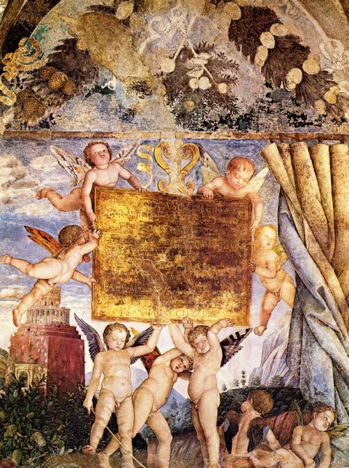Mantegna, Andrea: Freskenzyklus in der Camera degli Sposi im Palazzo Duccale in Mantua; Widmungsinschrift, Westwand der Camera degli Sposi