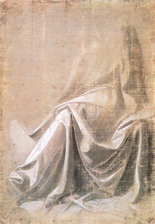 Leonardo da Vinci: Gewandstudie für eine sitzende Figur in Dreiviertelansicht nach links