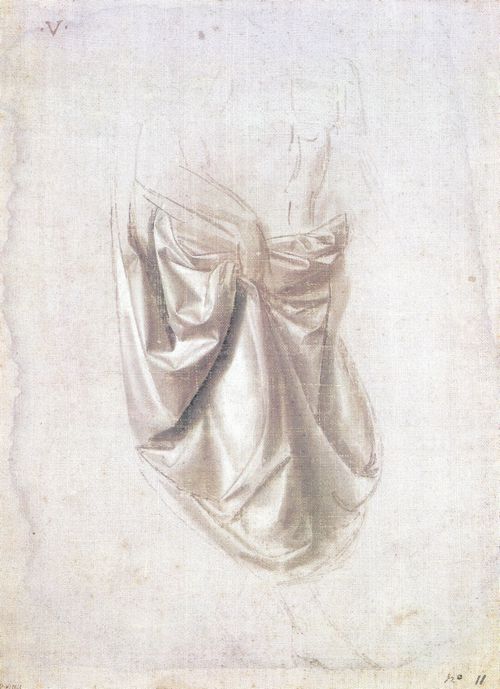 Leonardo da Vinci: Gewandstudie für eine stehende, nach rechts schreitende Figur